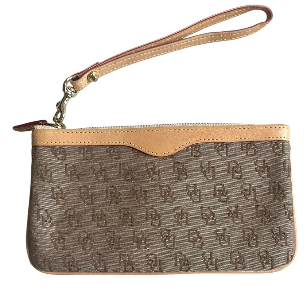 Dooney & Bourke logo canvas cotton wool leather wristlet zip 8" x 4.5" vintage